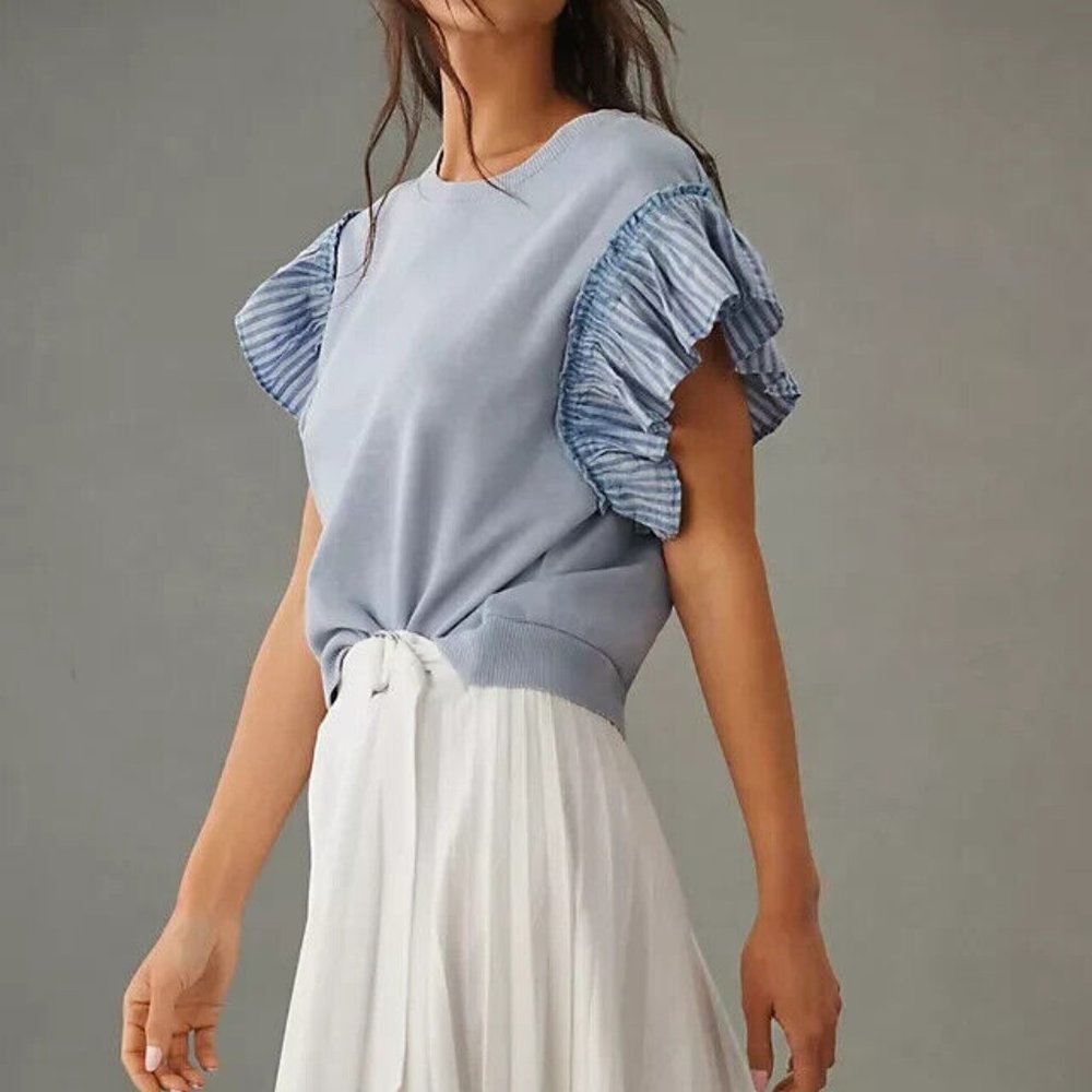 Pilcro Chambray Flutter-Sleeve Sweatshirt Tee Striped Top Anthropologie XSP